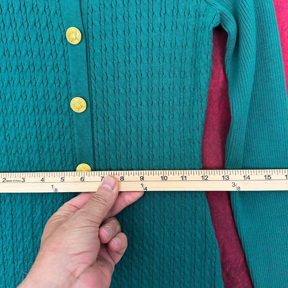TAYLOR WOMEN'S SIZE S-SMALL GREEN CABLE-KNIT SWEATER DRESS GOLD BUTTON STRETCH - Picture 9 of 12